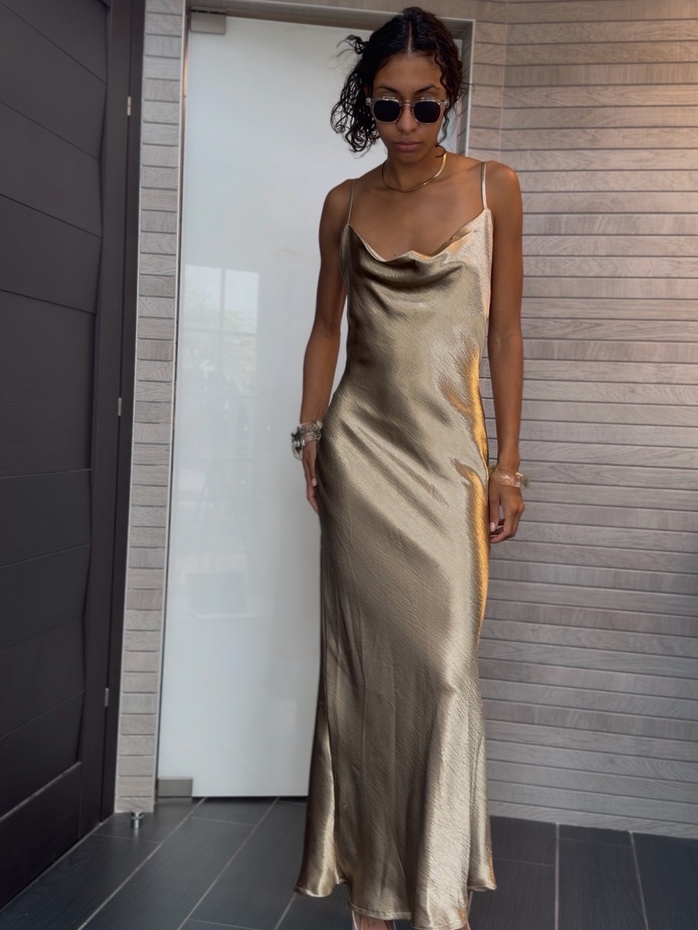 Satin Cowl Neck Slip Dress in Metallic Gold